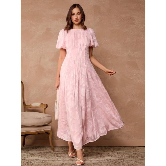 Pink Puff Sleeve Pleated Maxi Dress For Wedding Guest, Vacation, Party, Date