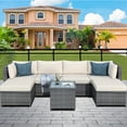 thumbnail image 2 of Outdoor Graden Patio Conversation Furniture Sets, 7-Piece Wicker Patio Conversation Furniture Set w/2 Mid Seats, 2 Corner Sofa, wood Table, 12 Padded Cushions, 2 Ottomans, Beige, S8360, 2 of 9
