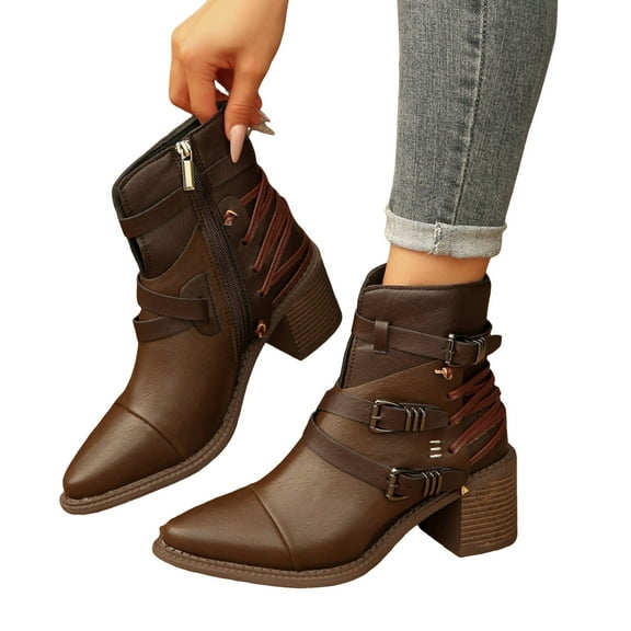 Roman Mid Calf Combat Boots for Women 2025 Vintage Buckles Color Block Leather Pointed Toe Chunky High Heel Riding Booties Brown Size 6