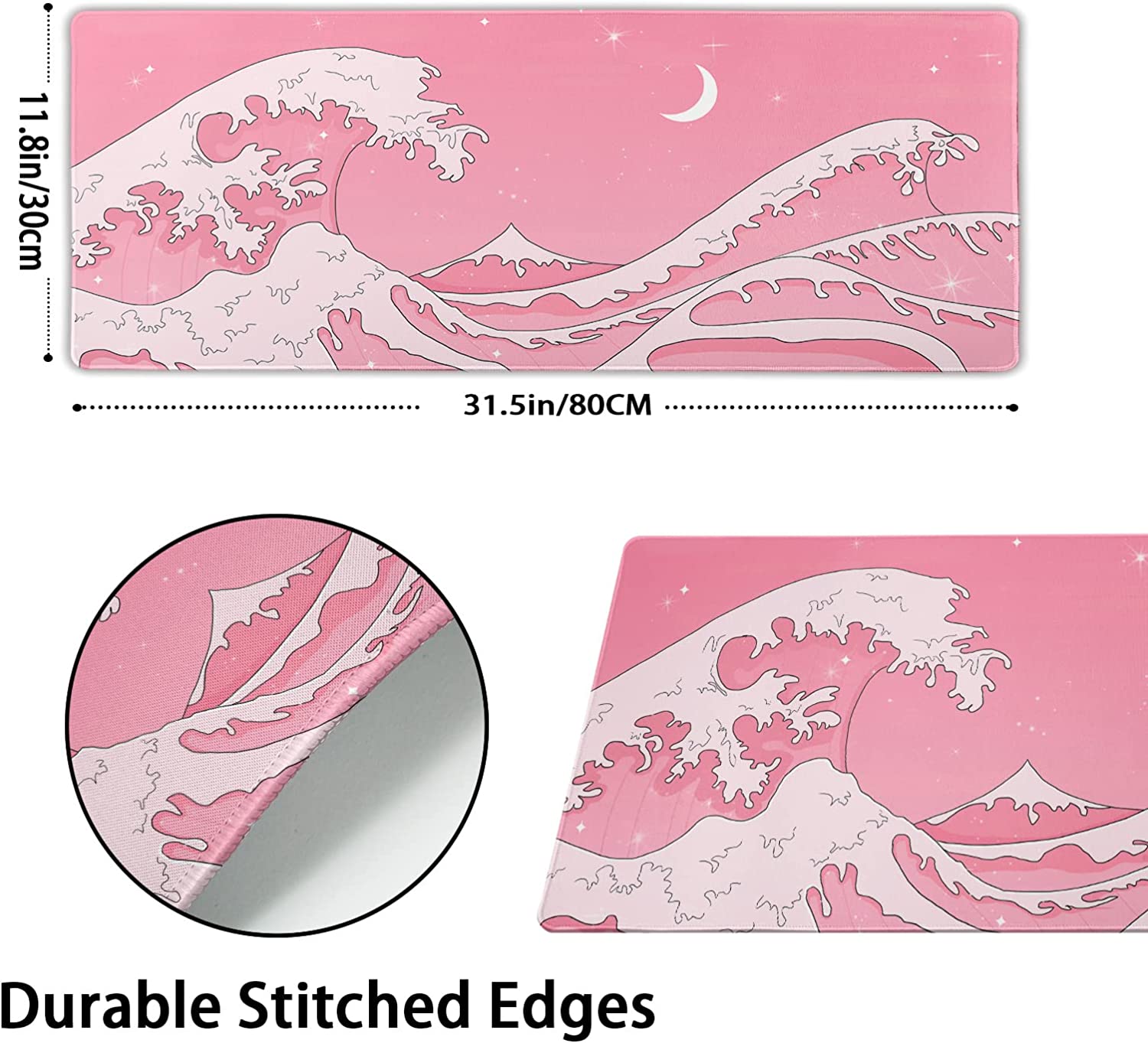 Pink Japanese Anime Gaming Mouse Pad XL Cute Kawaii Aesthetic Wave Extended Big  Large Desk Mat Non-Slip Rubber Base Stitched Edge Long Keyboard Mousepad  for PC Computer Laptop,31.5×11.8 in