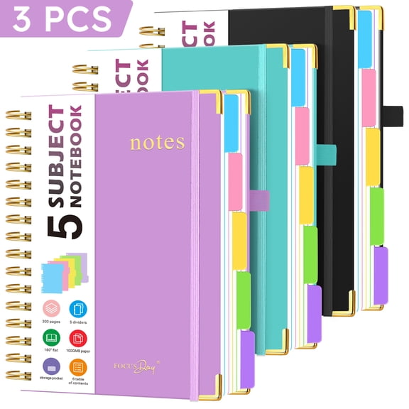 FOCUS DAY 3 Pack Spiral Notebook Journal, 5 Subject Notebook with Removable Dividers Tabs, 300 Pages 100GSM Lined Paper, Inner Pocket, A5 Hardcover College Ruled Notebook for Writing, 6.1" x 8.4"