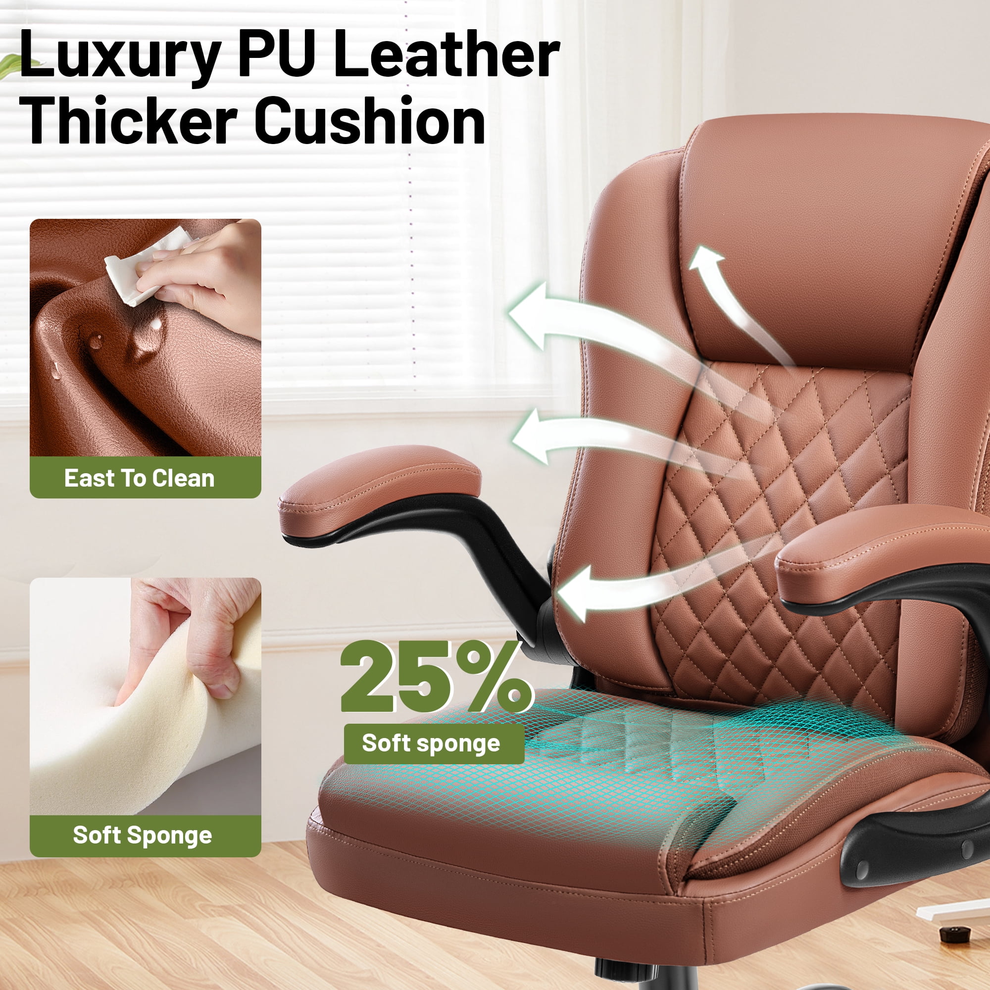 ATHOPE Leather Office Chair, 400lbs Ergonomic Desk Chairs with Back Support, Computer Chair with Wheels and Adjustable Armrest for Home Office, 360°Swivel Free, Brown