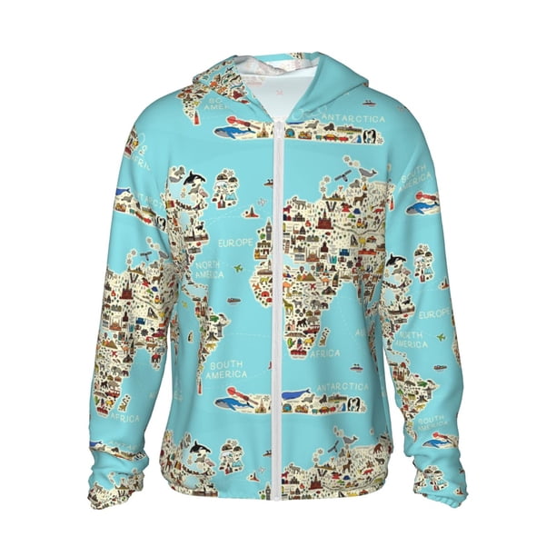 Balery World Travel Line Icons Map Sudadera ligera de manga larga con capucha y protección solar UPF 50+ para hombre y mujer, ideal para pesca y running-Medium