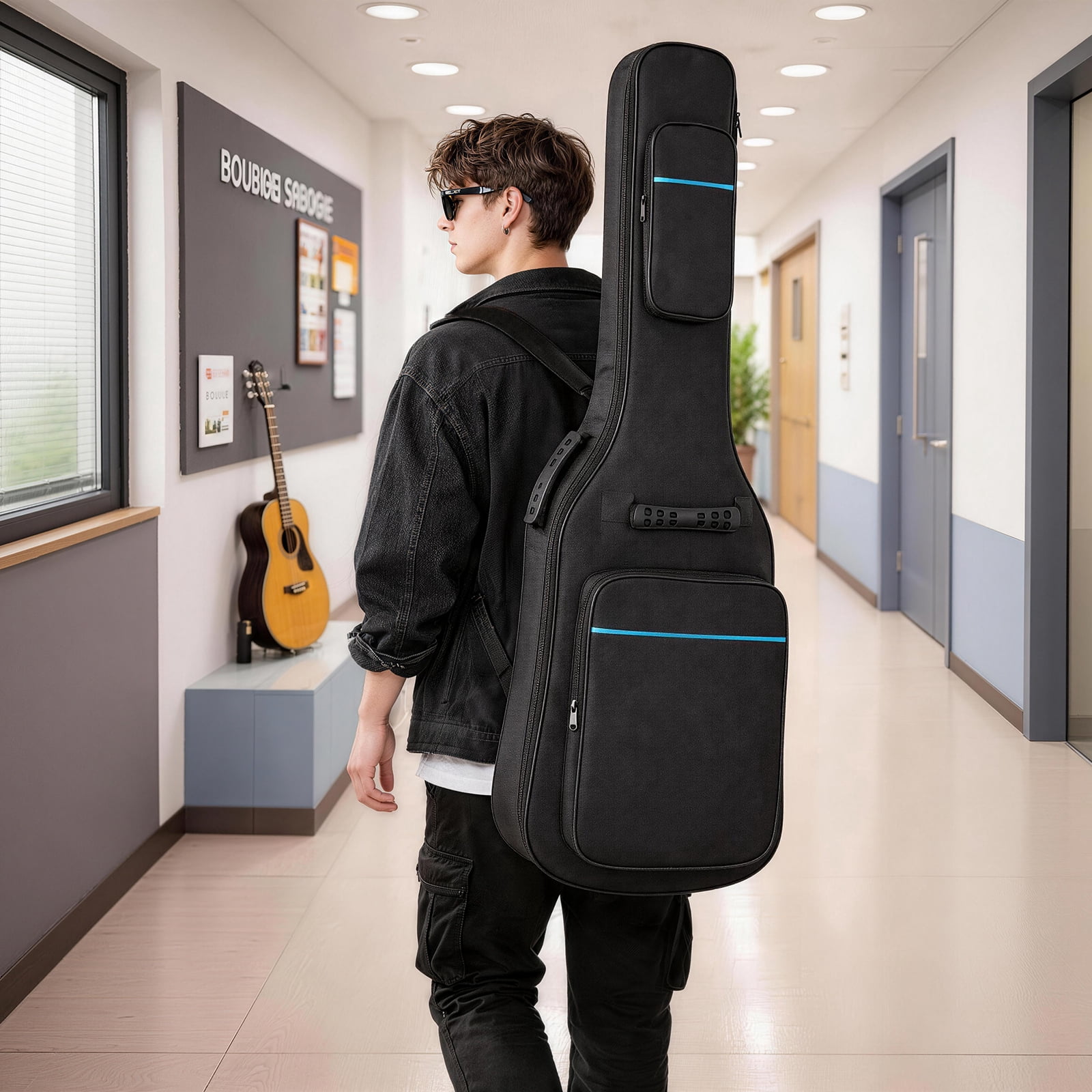 600D Oxford Cloth Electric Bass Guitar Bag Black With Blue Line