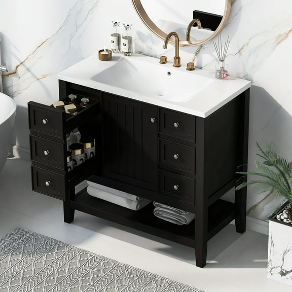 Euroco 36" Freestanding Bathroom Vanity with Ceramic Sink, Cabinet, Drawers & Open Shelf – Solid Wood & MDF Structure