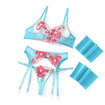 

4-piece Set Flower Embroidery Underwear Thong Belt Suspenders Bra Underwear Set Sexy Underwear set - L