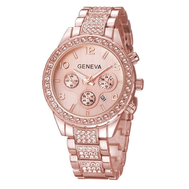 Reloj de mujer, reloj de hombre con calendario y correa de acero con tres esferas de diamantes