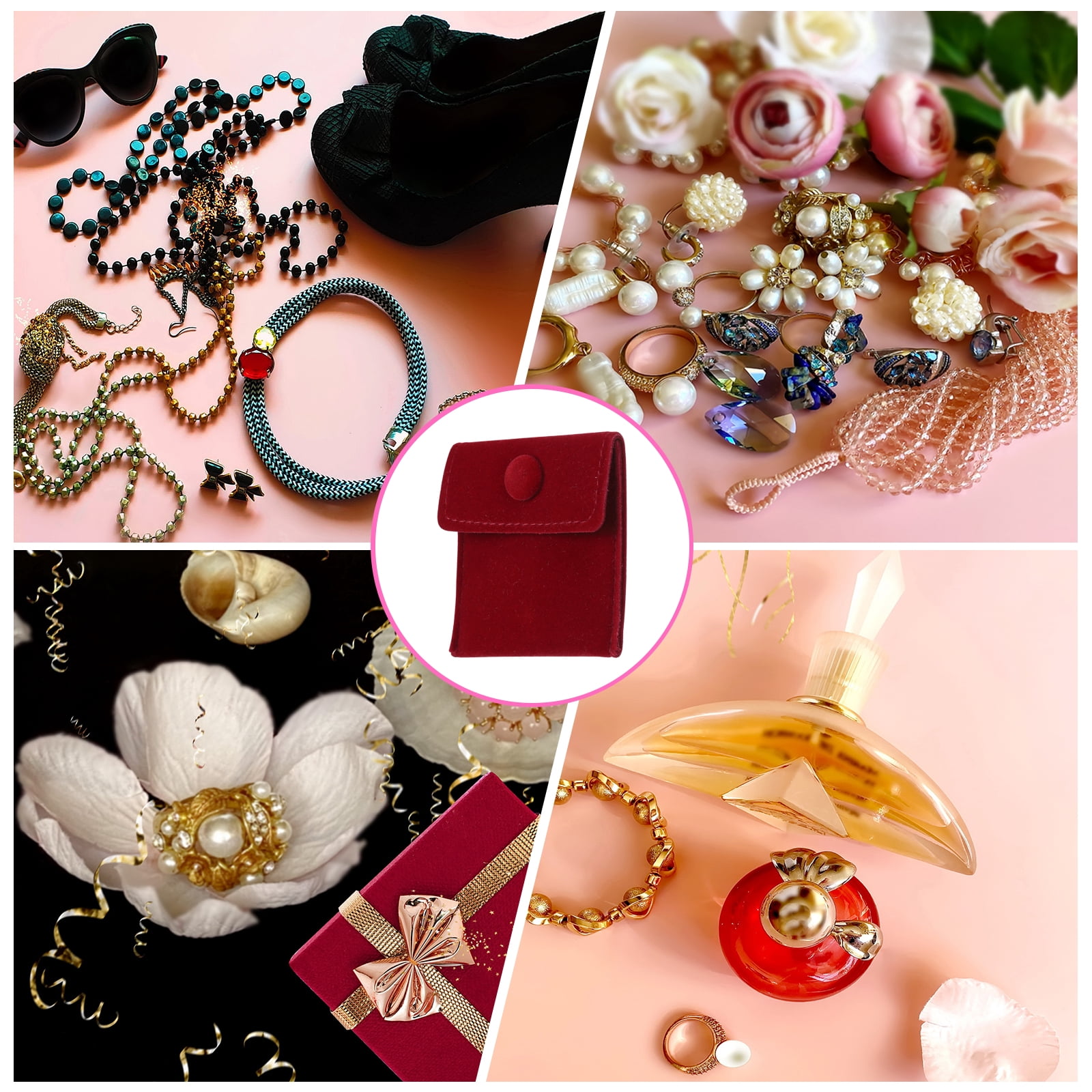 Unique Bargains Velvet Jewelry Pouches with Snap Button Jewelry Storage Bag 20Pcs Dark Red