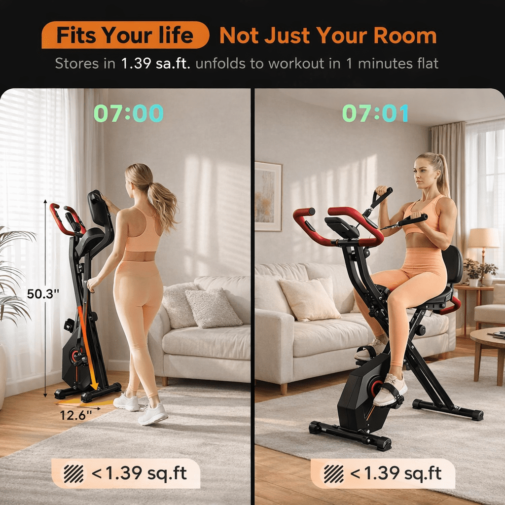 USLIM Foldable Exercise Bike for Home with Arm Resistance Bands, Quiet Magnetic Stationary Bike, LCD Monitor, 300 lb Capacity