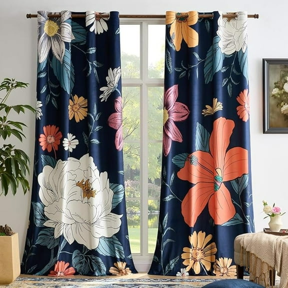 Floral Navy Velvet Curtains, Boho Curtain Flower Pattern Drapes For Living Room Colorful Flower Botanical Window Treatment Blackout Thermal Insulated Curtains 26"W x 63"L (Pack of 2)