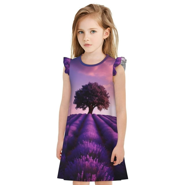 Fotbe Lavender Field Sunset Vestido de Dormir para Niñas de 3 a 10 Años, Mangas Cortas, Estilo Princesa, Pijama Camisón con Mangas Voladas-Large