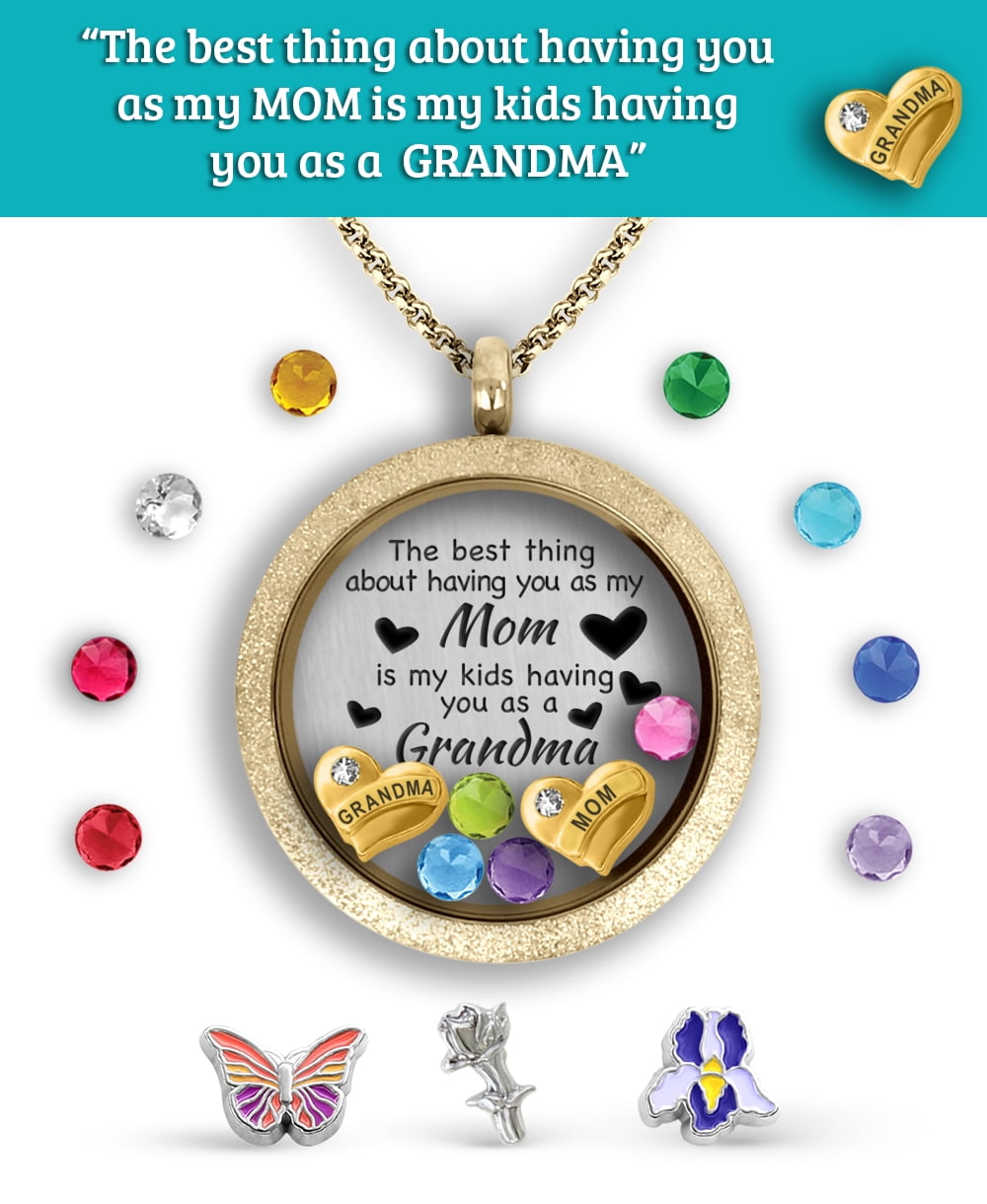 Grandma Necklace Gift for Mom Floating Charm Locket Pendant Necklace |  Unique Original Charms Personalized Birthstone Necklace