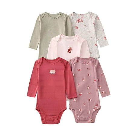 5 Pack Baby Bodysuit For Girl Long Sleeve Cute Girl Clothes Outfit Cotton Romper Red 6-9 Months