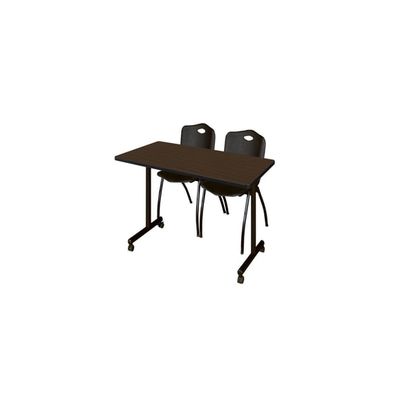 Regency Kobe 48 x 24 in. T-Base Training Seminar Table- Neo Walnut, 2 M Stack Chairs- Black