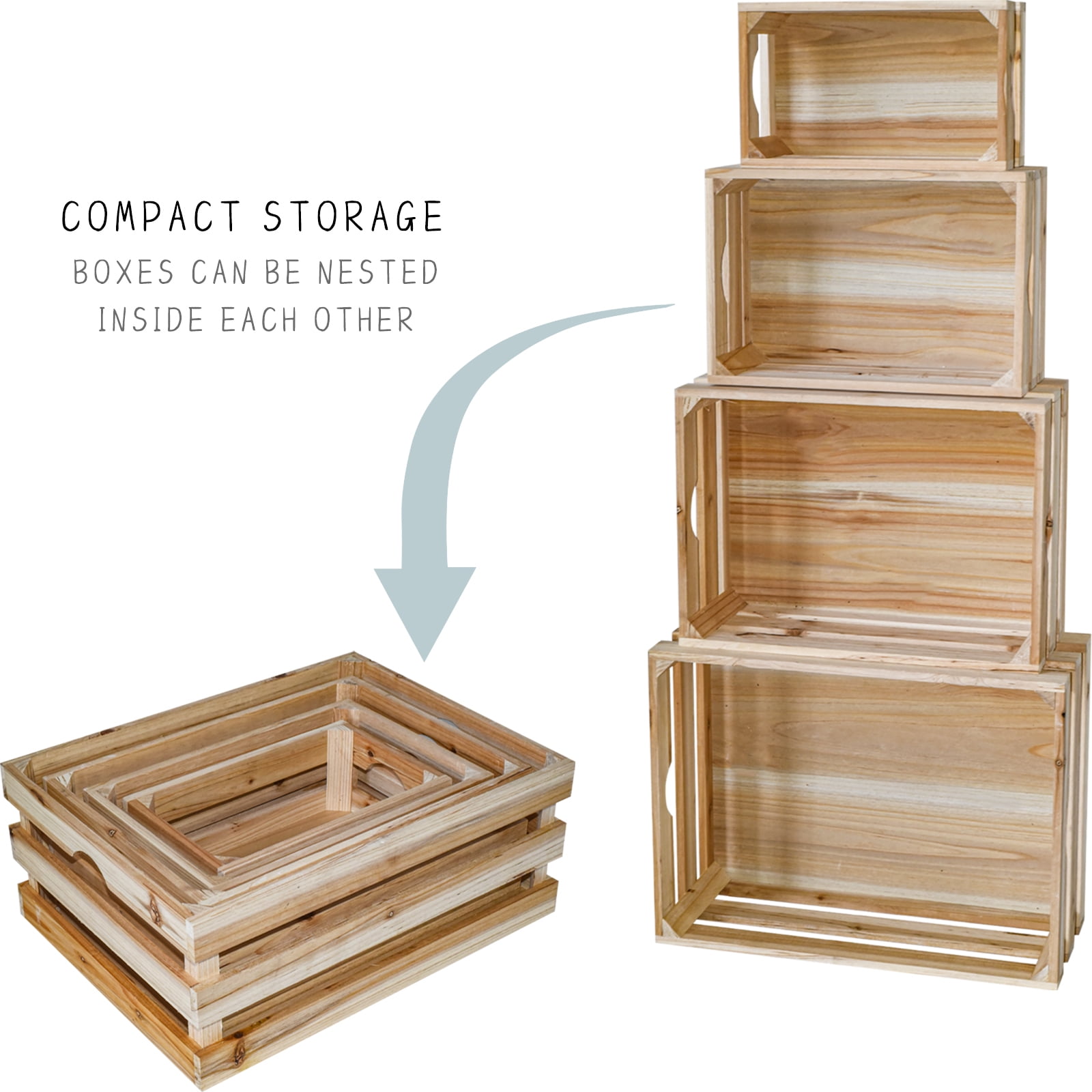 MODE HOME Set of 4 Large Wooden Crates Unfinished Office Storage Crates, Decorative Wood Storage Crates for Display, Rustic Pine Wood Organizer Bin Basket for Kitchen Pantry Bathroom