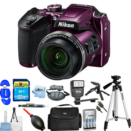 Nikon COOLPIX B500 Digital Camera (Purple) 26507-IV Pro Bundle with 32GB SD, Flash, Tripods, Gadget Bag, HDMI Cable + (Best Pro Point And Shoot)