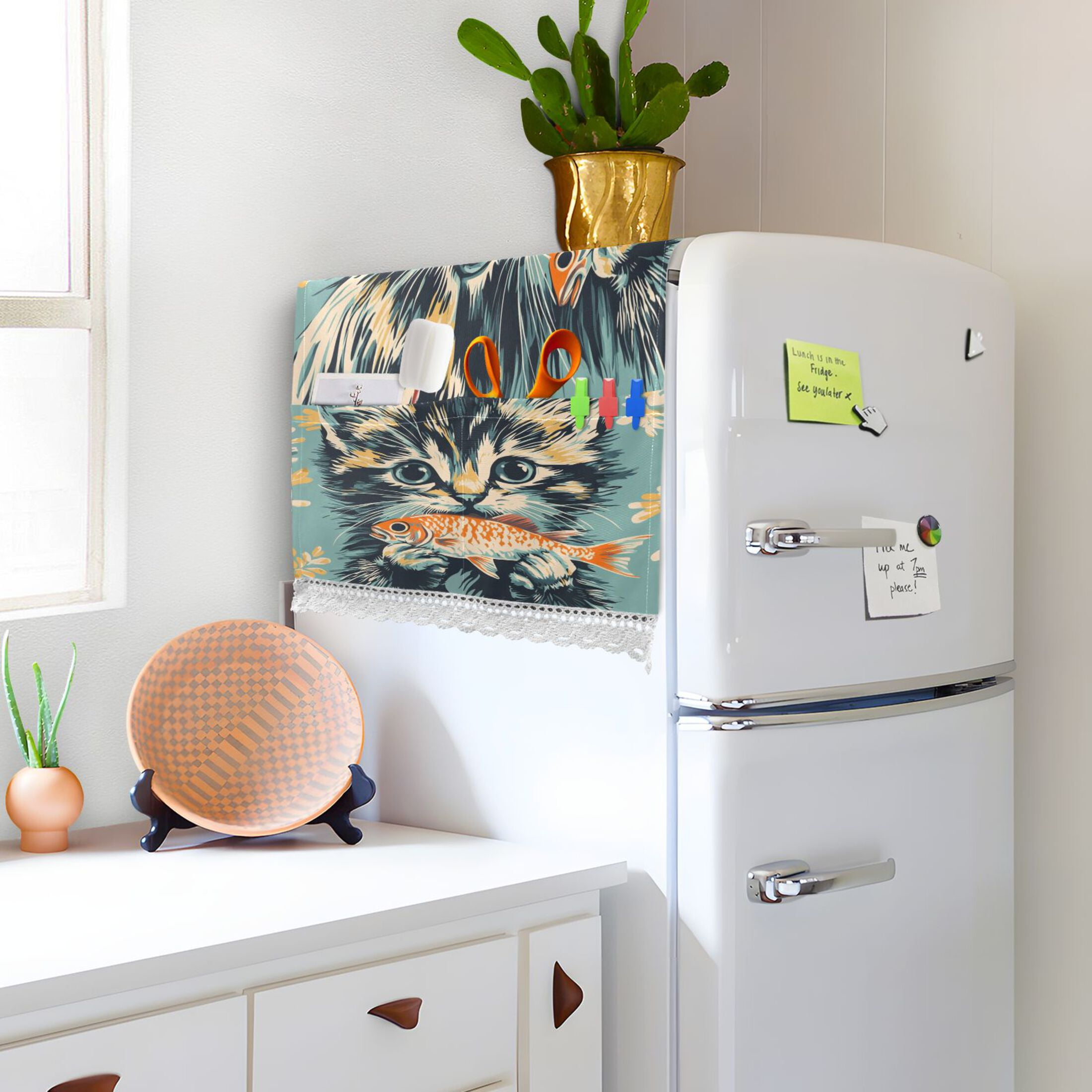 Cute Three-flowered CatWasher and Dryer Covers Dust-Proof and Oil Resistant Fridge Cover with 4 Storage Pockets Washing Machine Top Cover for Laundry Kitchen Home 51.2 x 22 In