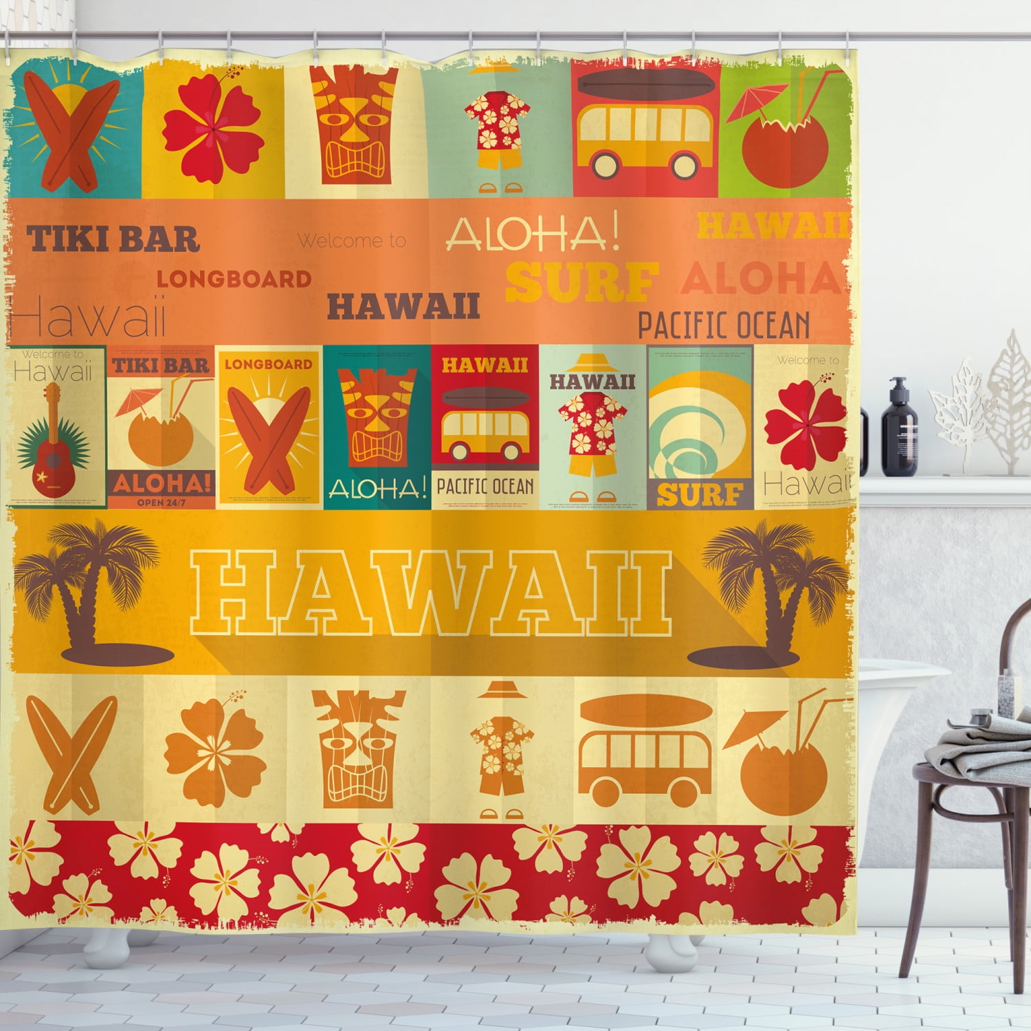 Tiki Bar Shower Curtain, Retro Travel Cards Pattern Holiday in Hawaii Icons Summer Season Vintage Print, Fabric Bathroom Set with Hooks, 69W X 84L Inches Extra Long, Multicolor, by Ambesonne