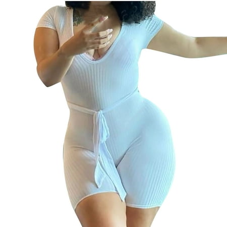 

Short Sleeve Jumpsuit for Women Sexy Scoop Neck Stretchy Ribbed Rompers Shorts One Piece Bodysuit Playsuit with Belt