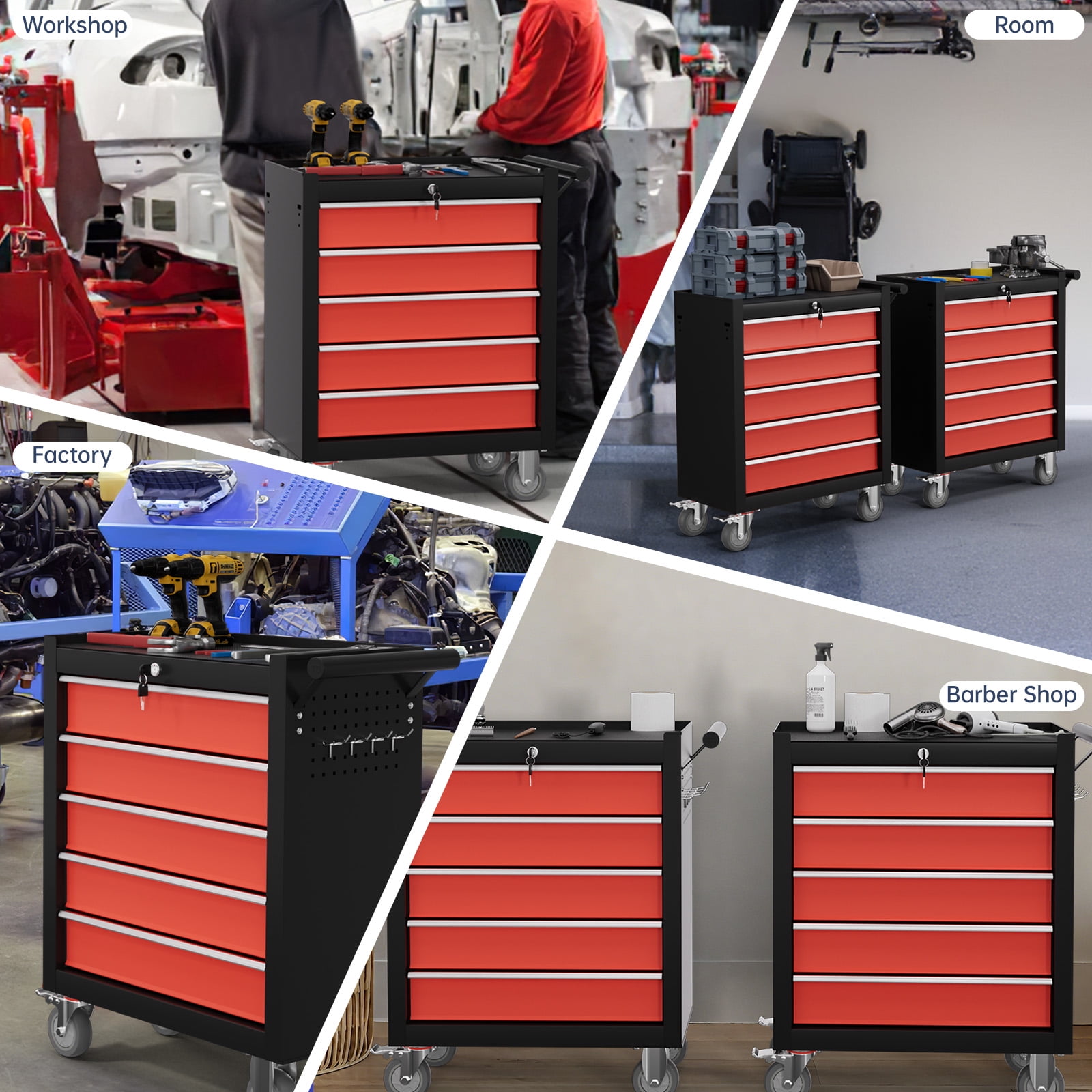 5-Drawer Tool Chest,Rolling Tool Cart with Wheels,High Capacity Tool Cabinet with Locking System for Garage, Warehouse, Workshop-Black&Red