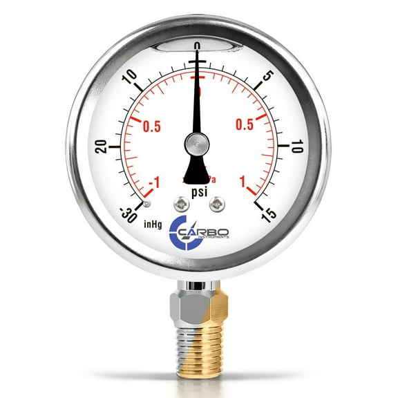 CARBO Instruments 2 1-2" Pressure Gauge, Stainless Steel Case, Chrome Plated Brass Connection, Liquid Filled, Compound Vacuum -30 Hg - 0 - 15 psi Lower Mount 1/4" NPT