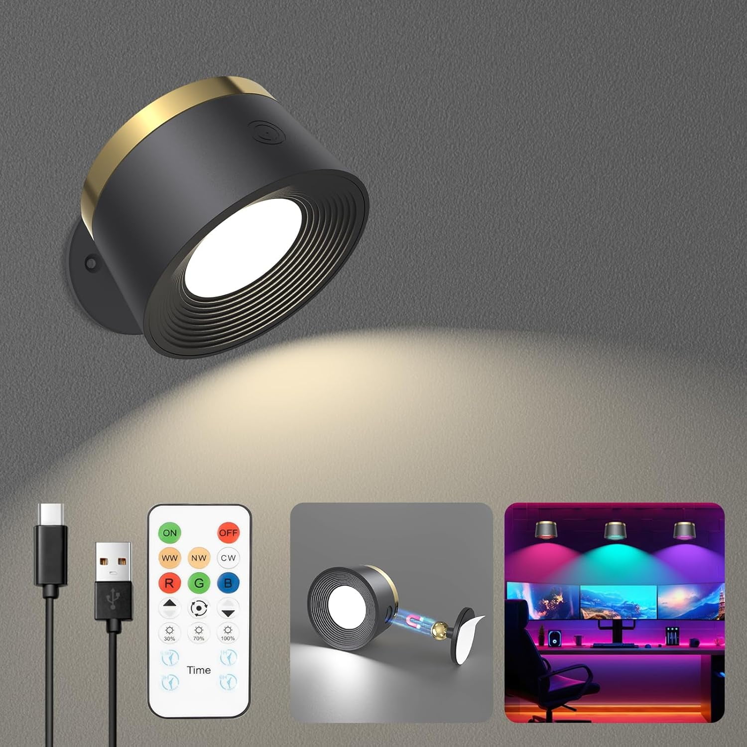 RGHJAR-LED Wall Sconces Set of Two, Rechargeable Battery Operated Wall Lights with Remote, Wall Lamp Wireless 3 Color Temperatures + 13 RGB & Dimmable Magnetic 360° Rotation (1 pc Black)