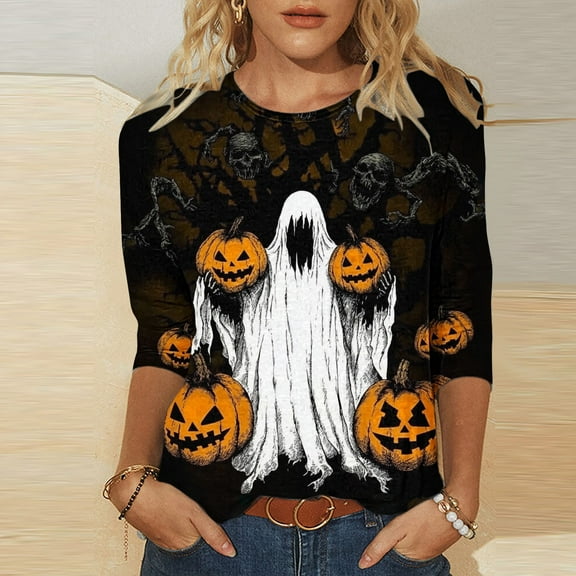 VKOYWKM Halloween Tshirt for Women 3/4 Sleeve Pumpkin Ghost Graphic T Shirts Casual Round Neck Loose Fit Party Top Spooky Print Tees