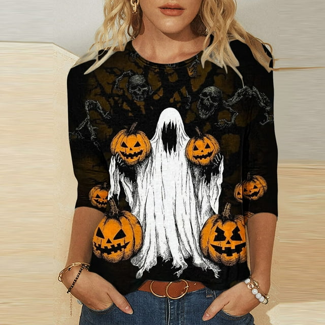 VKOYWKM Hauts pour Femmes Manches 3/4 T-Shirts d'Halloween Citrouille Fantôme Graphique T-Shirts Automne Décontracté Col Rond Coupe Ample Haut de Fête Imprimé Effrayant