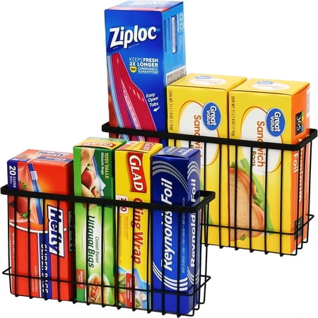 Wall Organizer Baskets, Lid Organizers Inside Cabinet with 2 Caddy Adhesive, Cabinet Door Organizer with 2 Sponges, 4 Hooks, Cabinet Door Storage for Foil Aluminum Roll, Black
