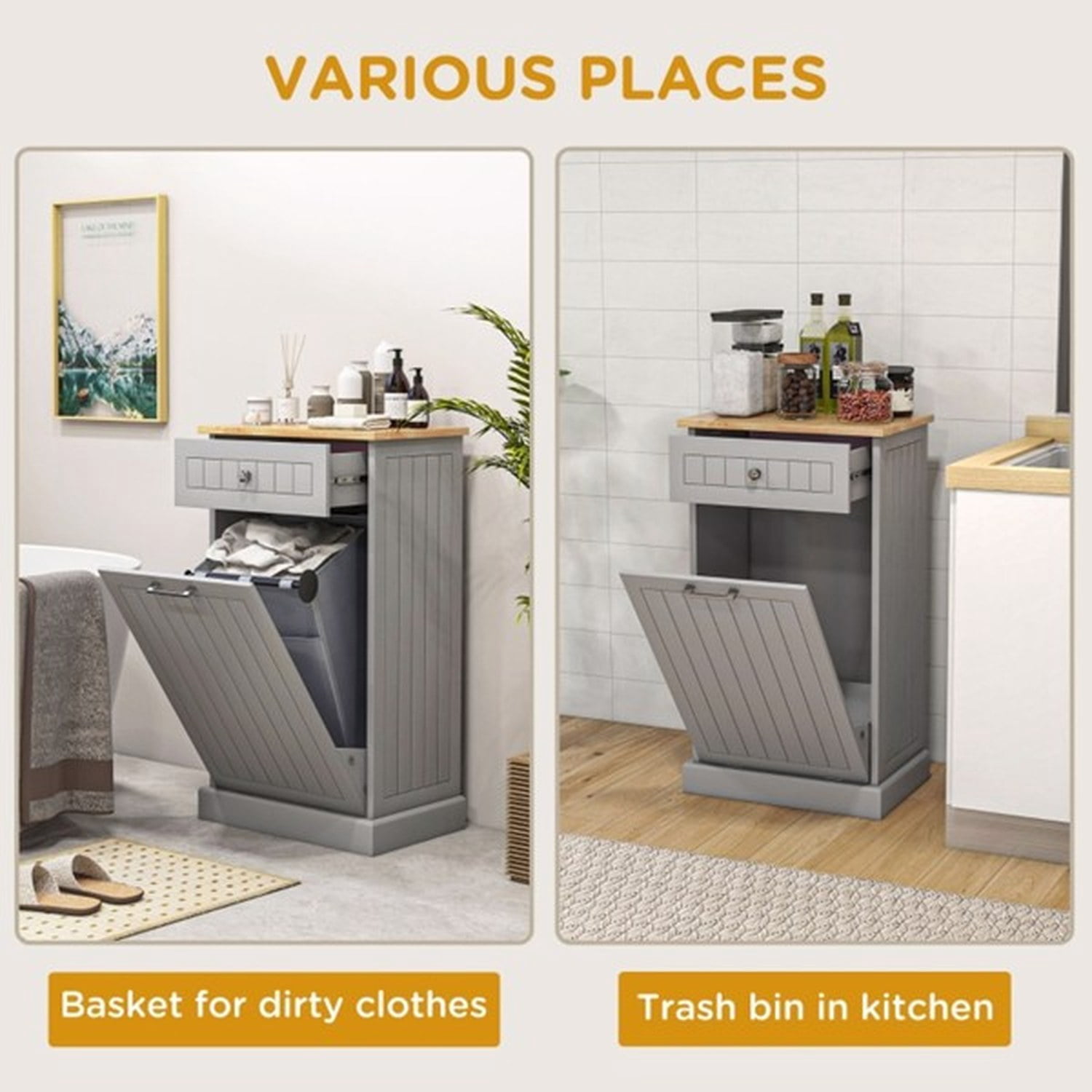 Tilt Out Trash Bin Cabinet with Drawer, Freestanding Kitchen Recycling Cabinet, MDF and Wood, 20 in Wide, 35.5 in High, Holds 88 lb