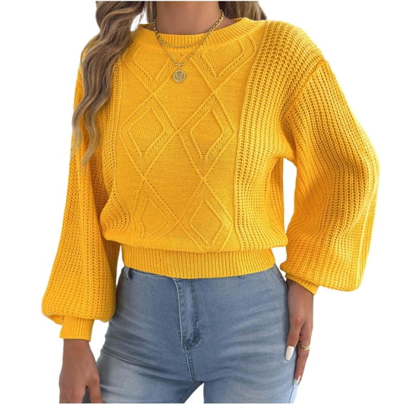 XuJwPNcy Women Cropped Sweater Long Sleeve Crew Neck Cable Knit Sweater Fall Winter Going out Tops(Yellow,X-Large)