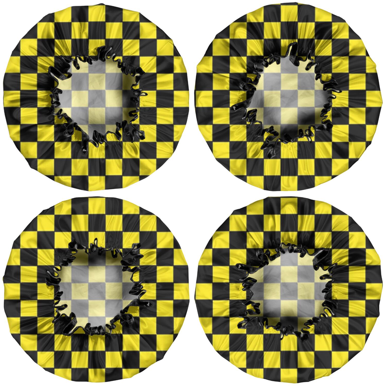 Shower Caps,Yellow and Black Checkered Pattern Waterproof Shower Cap for Women 4 Pieces,Double Reusable Hair Cover for Shower PEVA Elastic Stretch Hem
