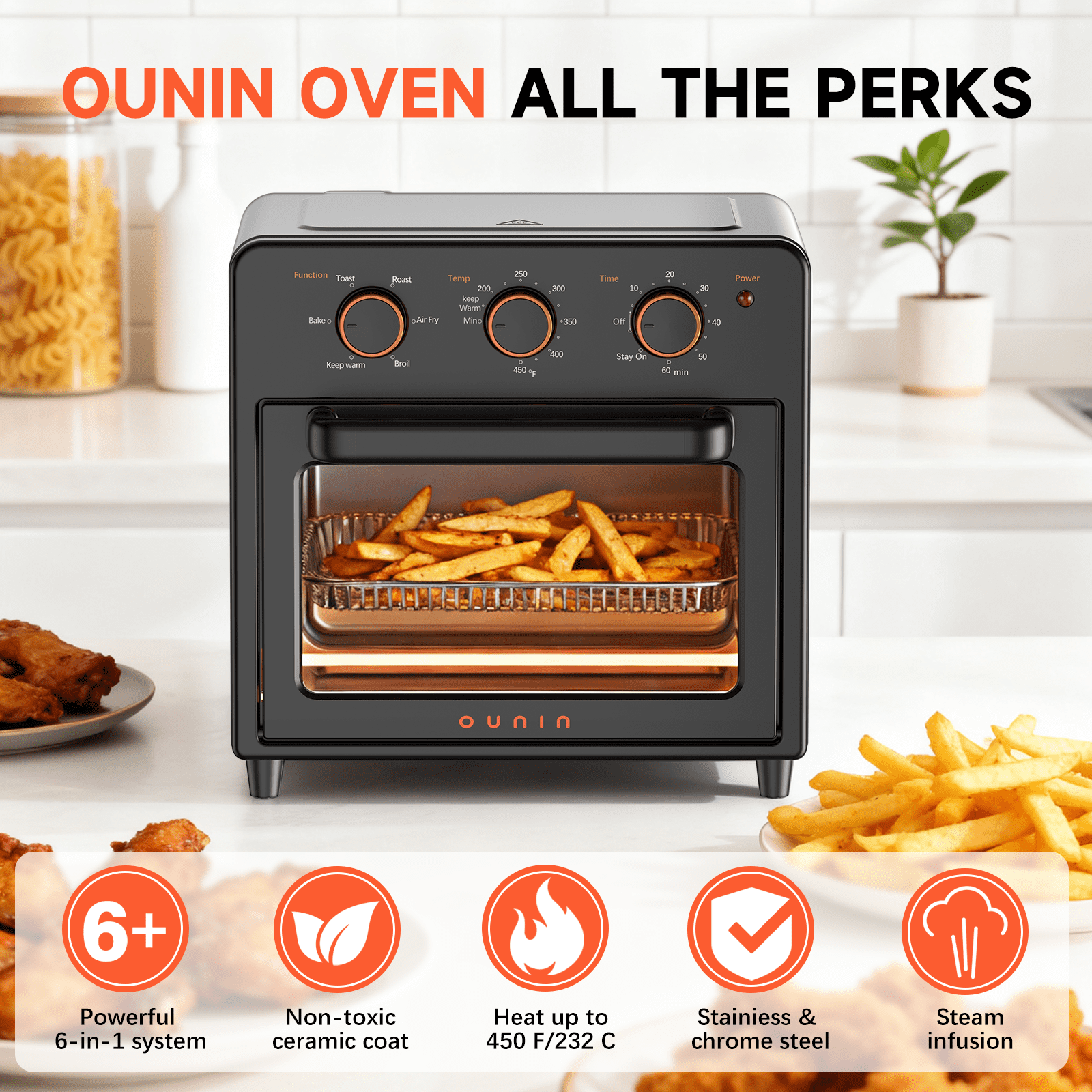 OUNIN Air Fryer Toaster Oven with Steam Infusion – 12.6QT Compact, Countertop, Fast Preheat with Bake, Toast, Roast, Broil and Warm Options