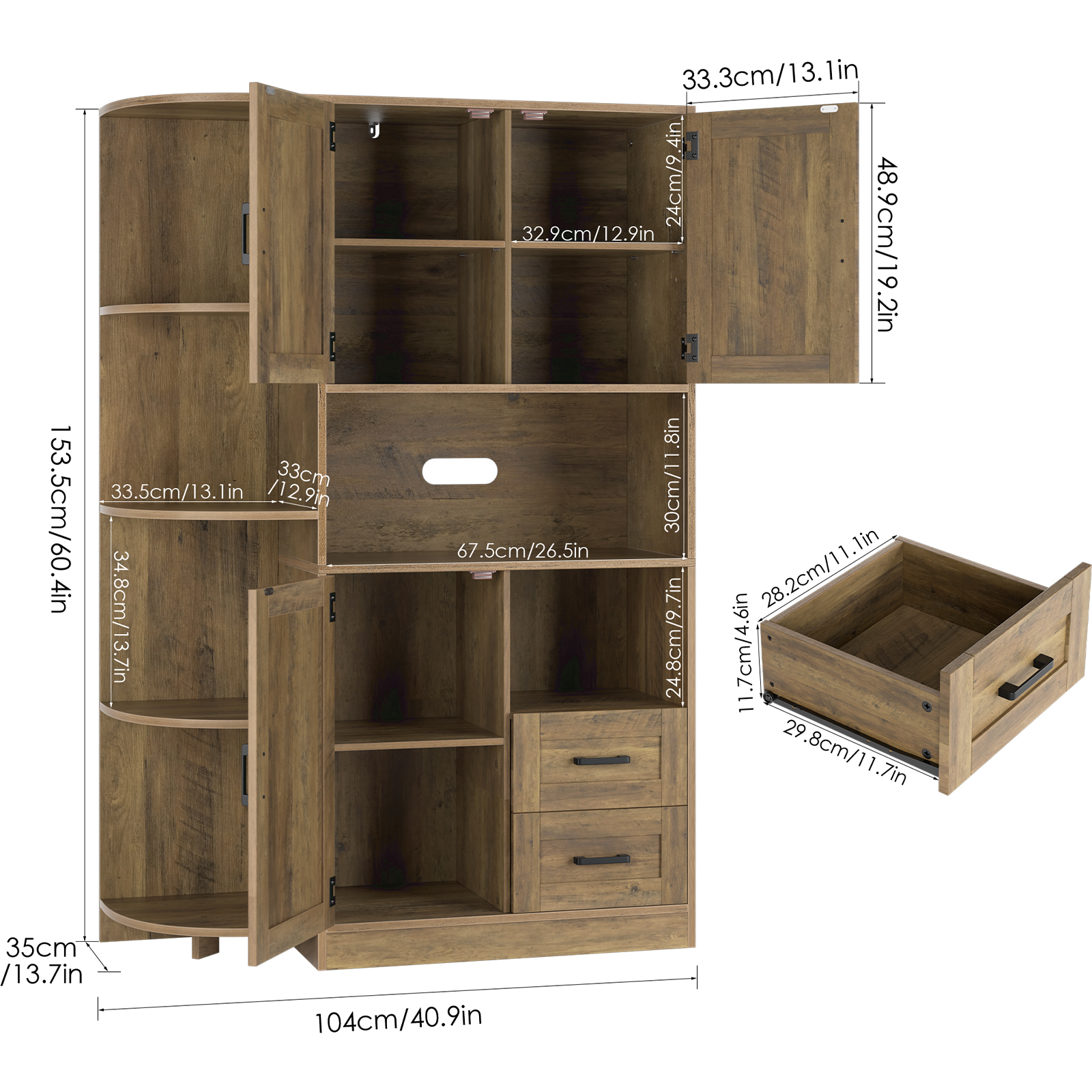 Homfa 60" Large Kitchen Pantry Buffet, Freestanding Storage Cabinet with Adjustable Shelves for Dining Room, Rustic Brown