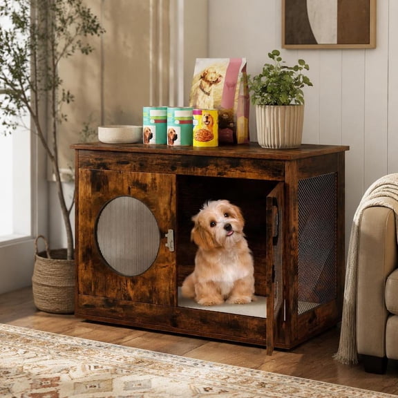 Furniture Style Dog Crate Side Table with Translucent Window, Lockable Door, Rustic Brown