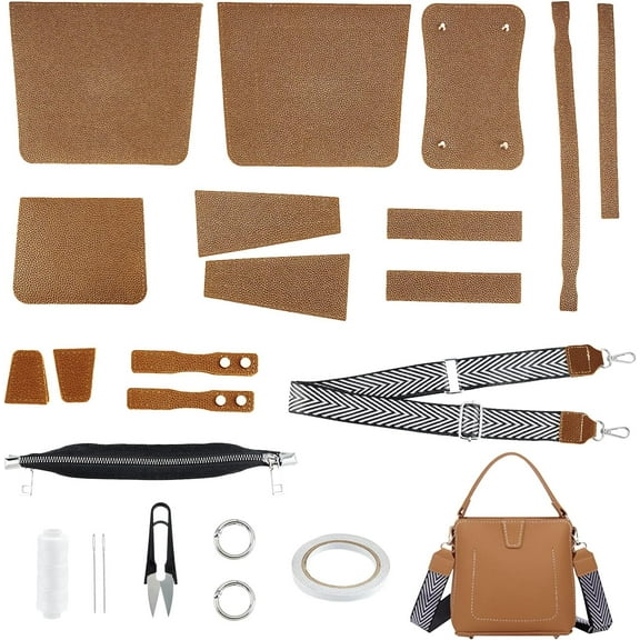 DIY 23pcs DIY PU Leather Craft Bag Making Tool Kit Knitting Crochet Bag Sewing Material Handmade Bucket Bag Purse Making Shoulder Bags All Accessories 7.8×7.4 Inch(Brown) DIY