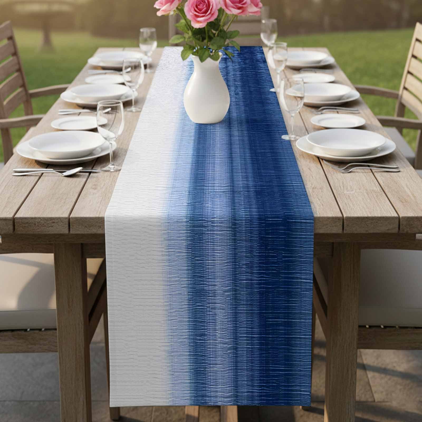 Navy Blue Ombre Table Runner, Farmhouse Modern Gradient Washable Cotton Linen Table Runners 90 Inches Long, Dresser Scarf Runner for Dining/Coffee/Kitchen/Hallway Tables 13''x90''