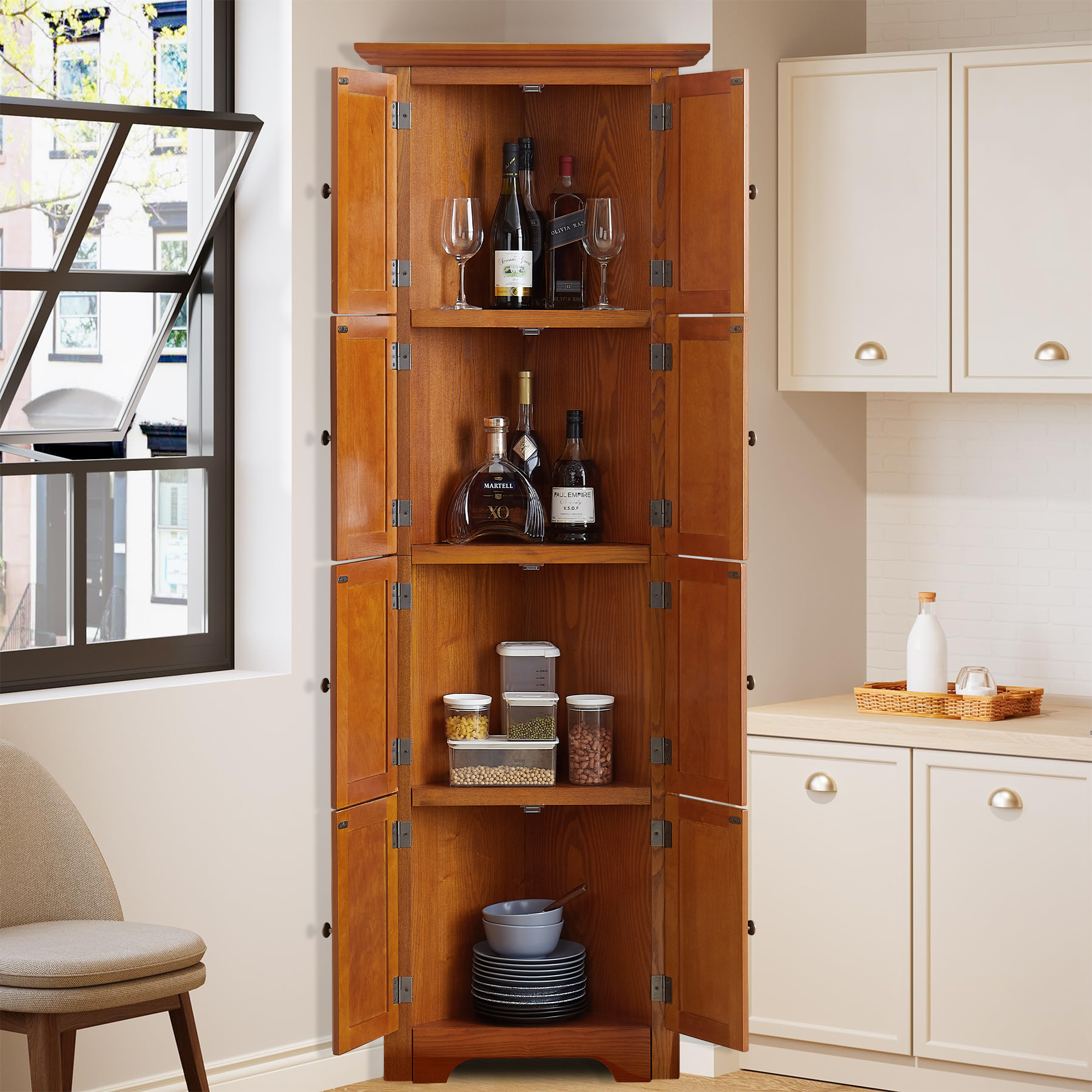 MDQMD 72'' Tall Corner Cabinet with Doors for Living Room, 4 Tier Pantry Cabinet for Kitchen Hallway,Oak