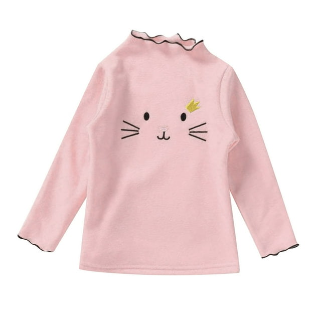YOUSNH T-Shirts en Coton à Manches Longues à Volants pour Filles, Imprimé Chat, Blouse Décontractée, Rose 2-3 Ans