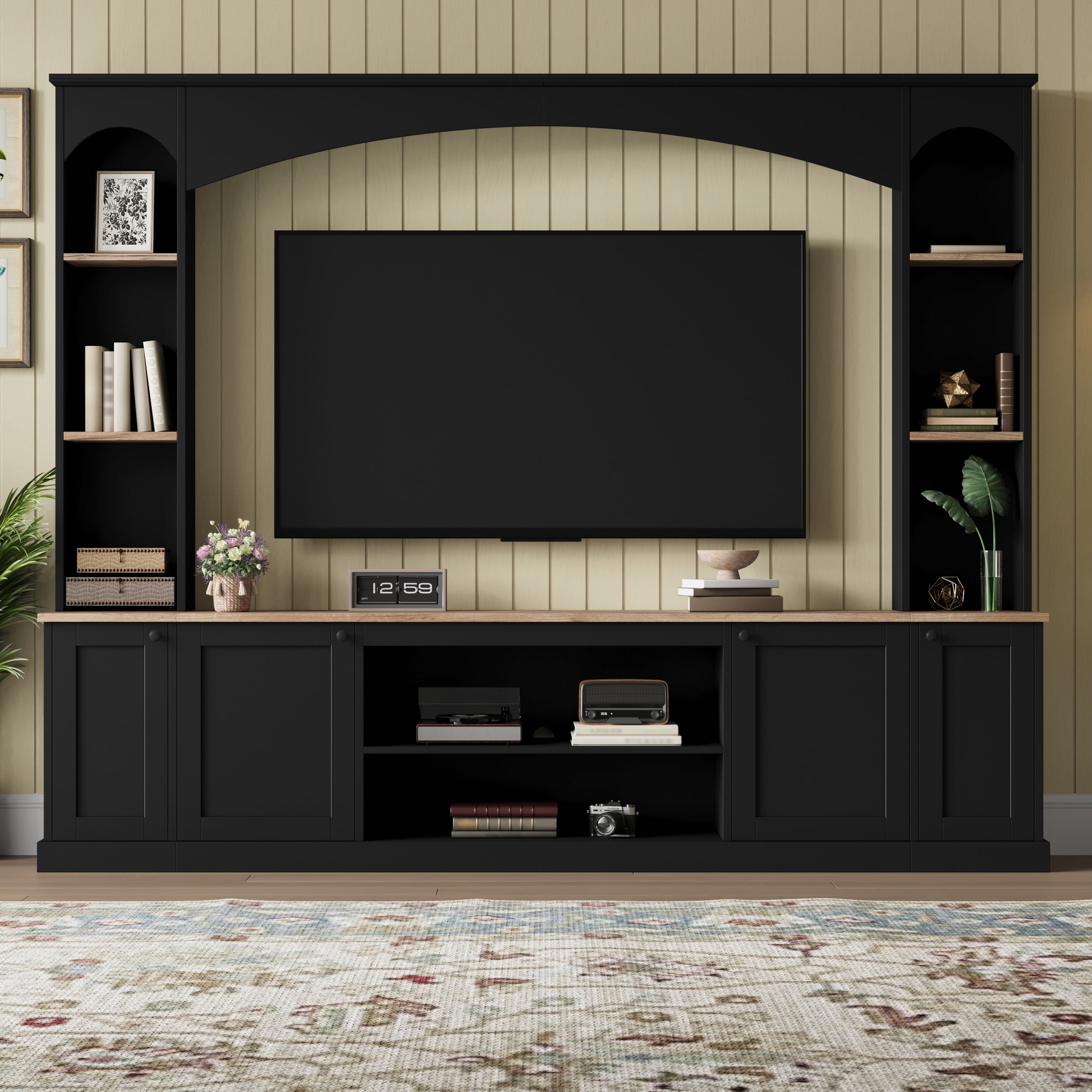 Luckynote Farmhouse TV Stand, Entertainment Center with Bookshelf, Arched Design Wood Grain for 70" TVs, 91 Inch Media Console with Adjustable Shelves, Black