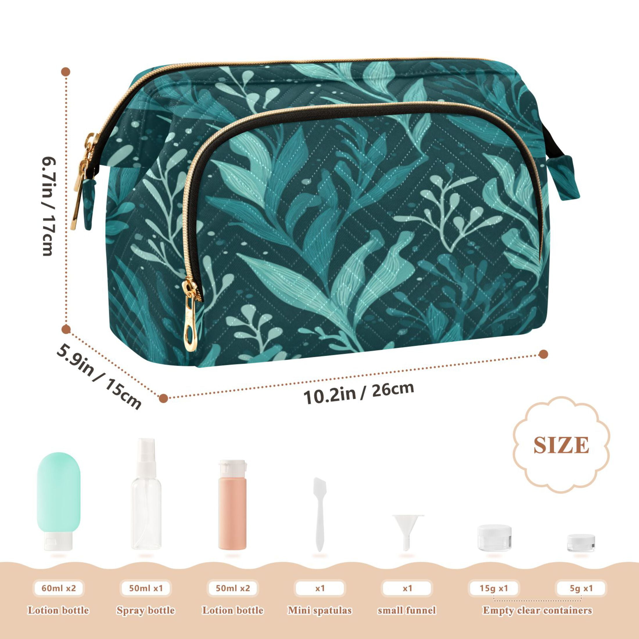 Wavy Quilted Cosmetic Bag Large-Capacity Travel Toiletry Organizer Includes 9-Piece Portable Travel Bottle Set Dark Green Seaweed