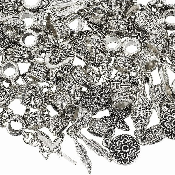 1set 50pcs style Alloy European Dangle Large Hole Pendants Mixed Shapes Antique Silver 22~35mm : 12~25x4~18.5x1.5~4mm Hole: 4.5~5mm