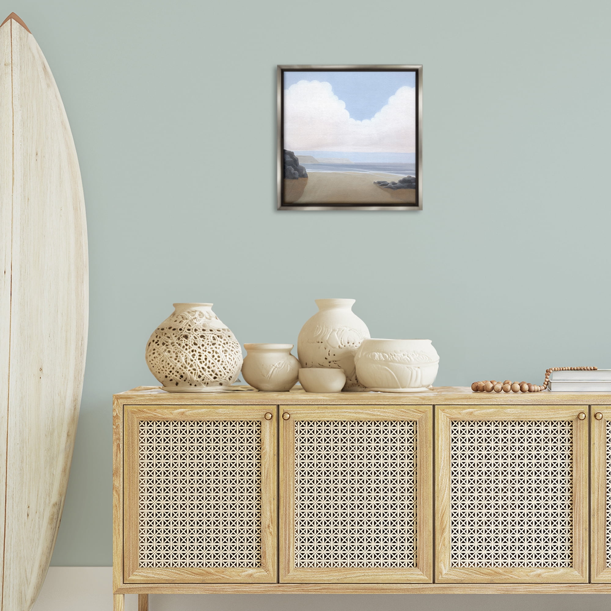 Stupell Industries Fluffy Clouds Over Beach Landscape Painting Gray Floater Framed Canvas Art Print Wall Art, 18 x 18