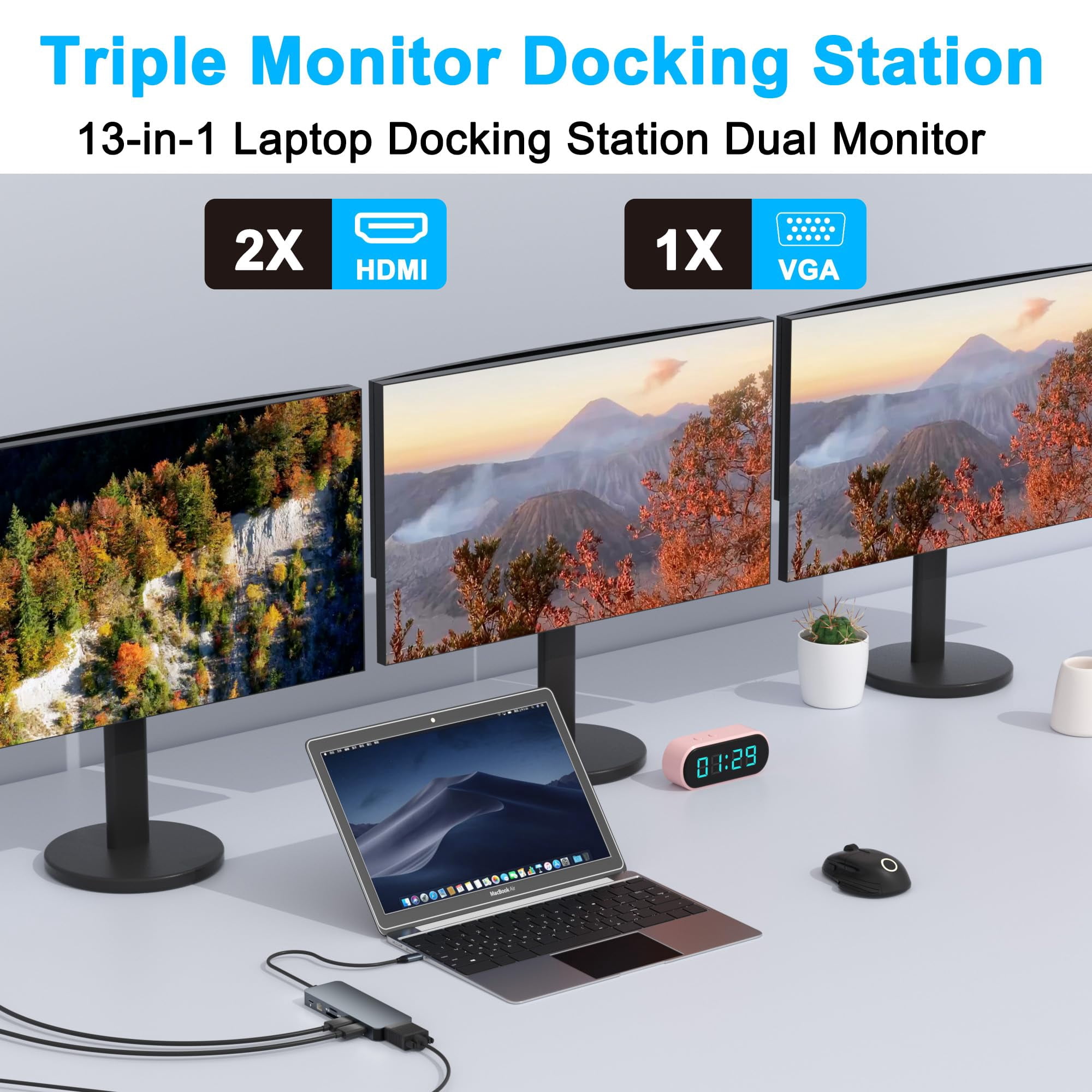 Docking Station for Dell/HP/Lenovo/Surface Laptop, Dual HDMI Adapter for 2 Monitors, 13 in 1 USB C Hub With HDMI/VGA/USB/PD/Ethernet/SD/TF/Audio