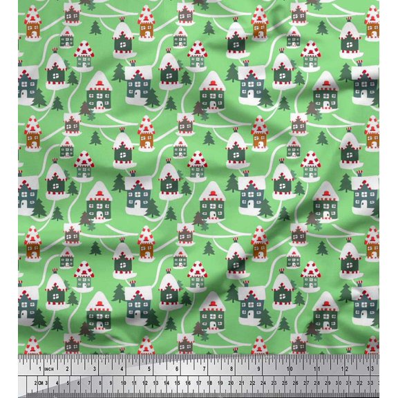 Soimoi Rayon Fabric Tree & House Architectural Printed Fabric 1 Yard 56 Inch Wide