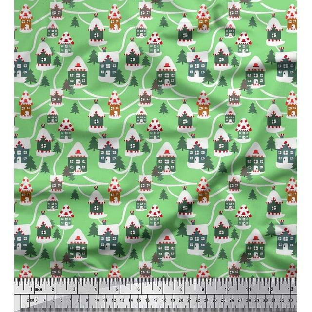Soimoi Rayon Crepe Fabric Tree & House Architectural Decor Fabric Printed Yard 46 Inch Wide
