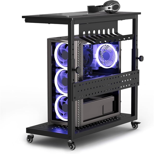 Support Tour d'Ordinateur Réglable avec Étagère de Rangement, Chariot Porte-CPU à 2 Niveaux sur Roulettes avec Roues Verrouillables pour la Maison, le Bureau et le Jeu, Noir