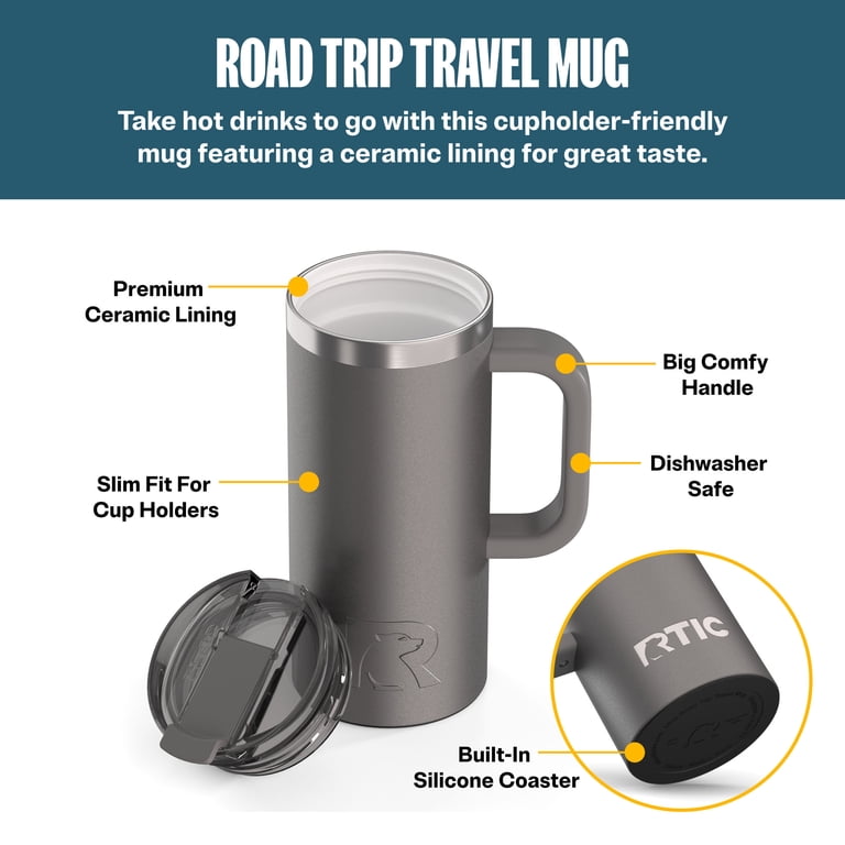 RTIC 16 oz Ceramic Lined Insulated Travel Mug, Leak-Resistant Lid