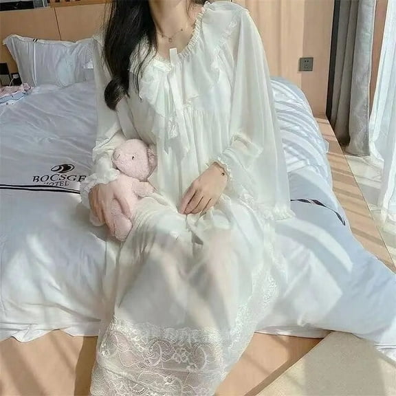 Municipal Lace Women Nightgown Ruffles Sleepwear Woman Long Sleeves Nightwear Autumn Night Dress New in One Piece Bow Home Pajamas