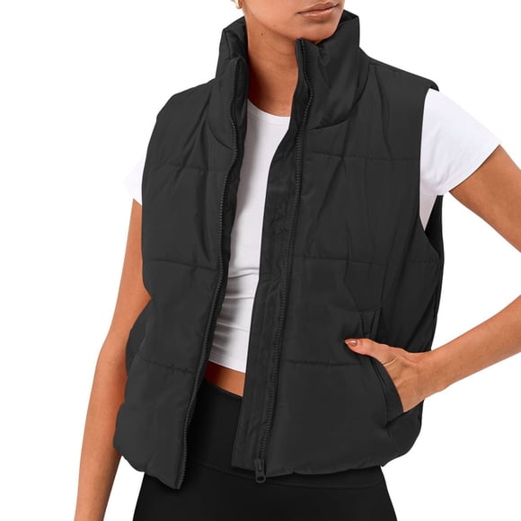 Women'S Casual Warm Solid Color Pocket Jacket Jacket Vest Padded Women'S Outerwear Vests Black Xl